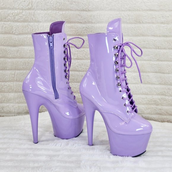 Lavender Lilac Purple Patent Platform 7" Heel Lace Up Ankle Boots - Picture 5 of 13